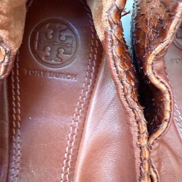 Tory Burch York Brown Leather Python Scale Cap Toe Ballet Flats Sz 8 - Picture 6 of 7